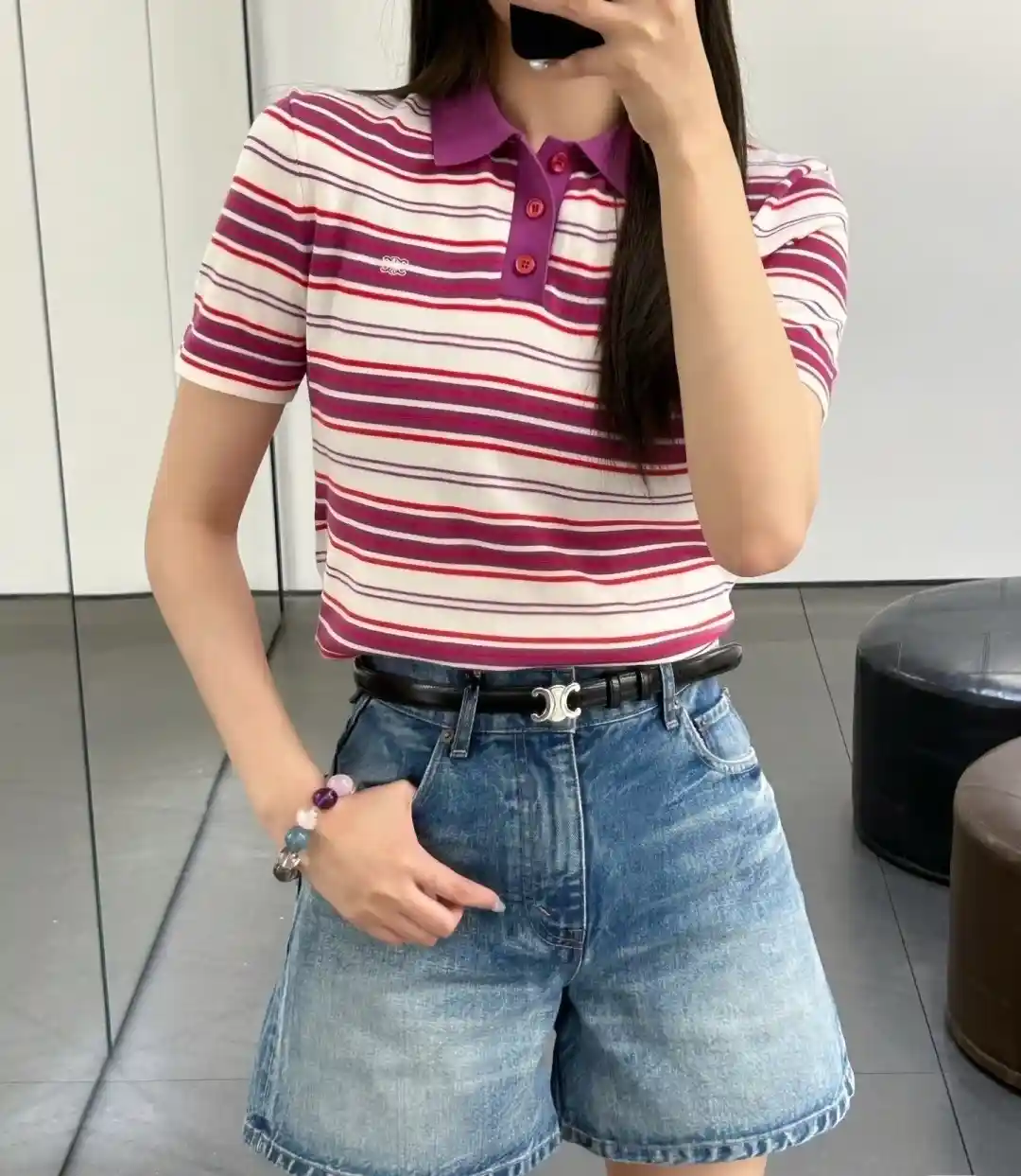 셀린느 폴로 스웨터 스트라이프 코튼 (화이트 퍼플)