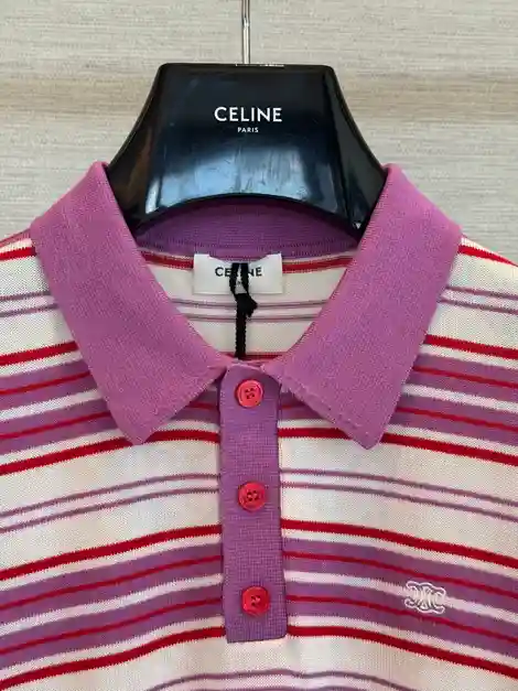 CELINE 셀린느 폴로 스웨터 스트라이프 코튼 (화이트 퍼플) 이미지 3