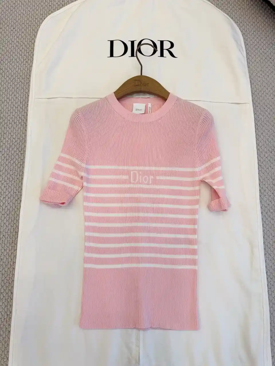 DIOR 디올 리비에라 반소매 피티드 스웨터 네이비 블루 & 화이트 디 스트라이프 리브드 코튼 니트 이미지 4