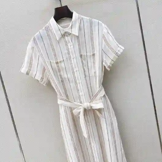 LORO PIANA 로로피아나 26SS 스트라이프 리넨 셔츠 반팔 롱 원피스 이미지 3